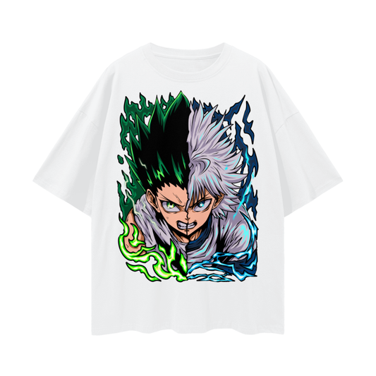 Gon and Killua Oversized Anime T-Shirt (Front Print) (White)