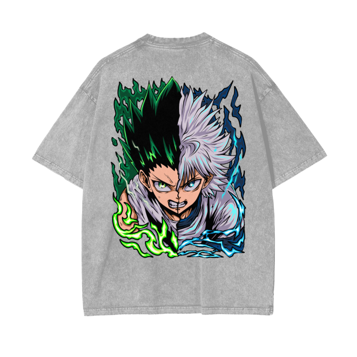 Gon and Killua Acid Wash Oversized Anime Tee (Back Print)