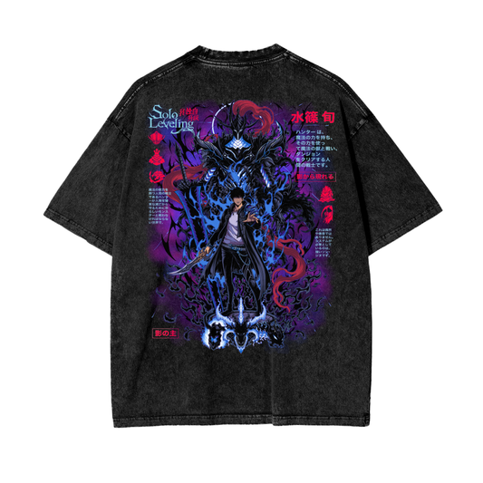 Jinwoo Shadow Monarch Acid Wash Oversized Anime Tee (Back Print)