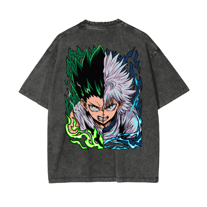 Gon and Killua Acid Wash Oversized Anime Tee (Back Print)