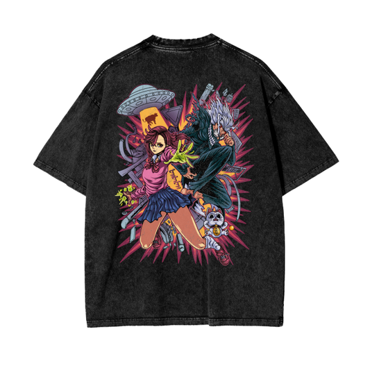 Momo & Okarun Acid Wash Oversized Tee (Back Print)