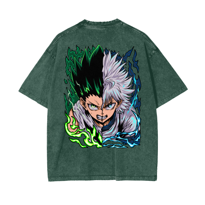 Gon and Killua Acid Wash Oversized Anime Tee (Back Print)