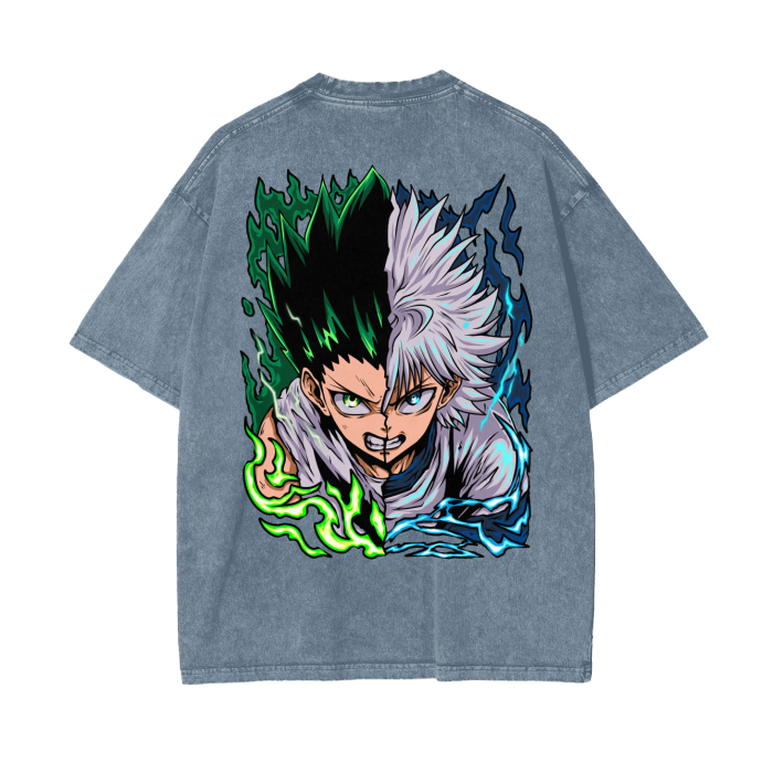 Gon and Killua Acid Wash Oversized Anime Tee (Back Print)