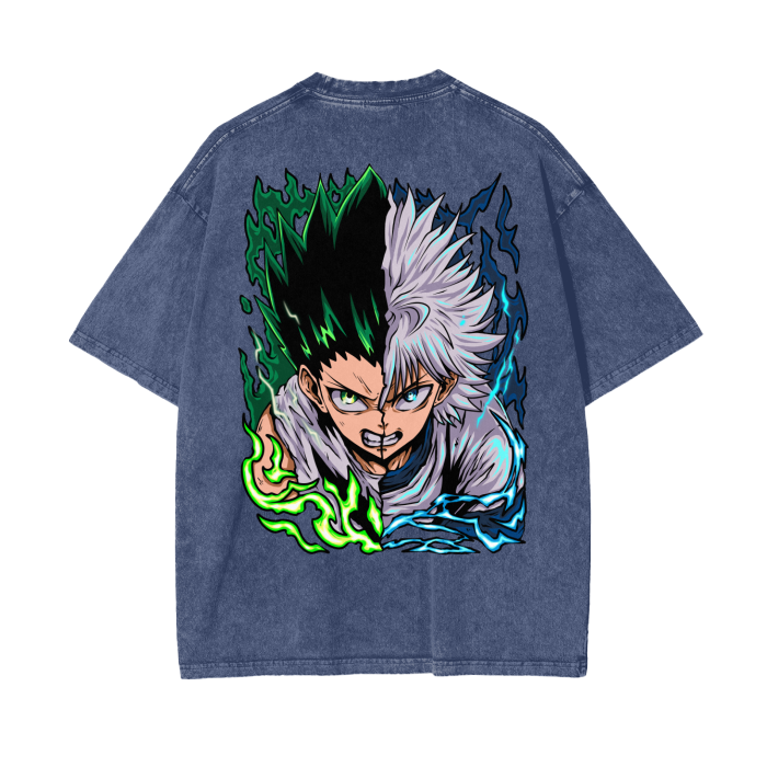 Gon and Killua Acid Wash Oversized Anime Tee (Back Print)