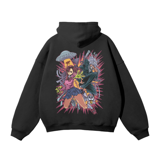 Momo and Okarun Oversized Fleece Hoodie (Back Print)