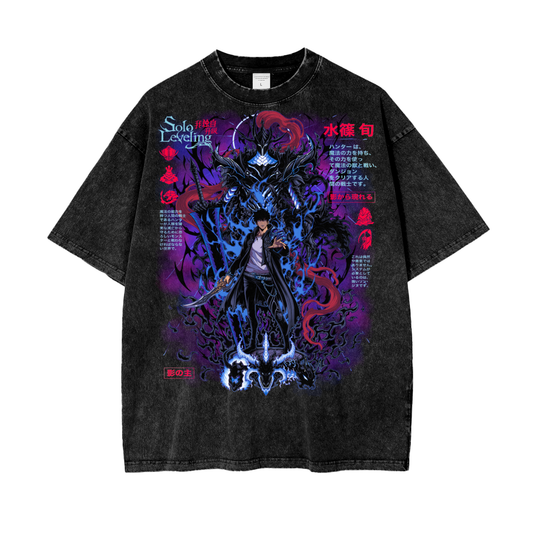 Jinwoo Shadow Monarch Acid Wash Oversized Anime Tee (Front Print)