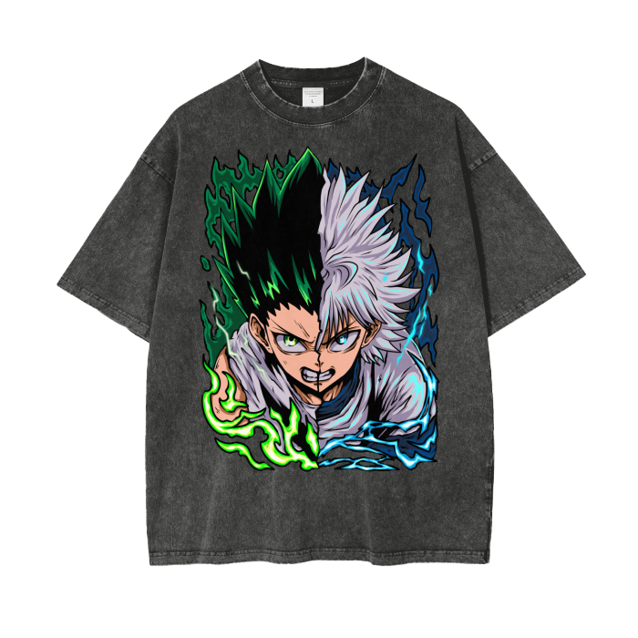 Gon and Killua Acid Wash Oversized Anime Tee (Front Print)