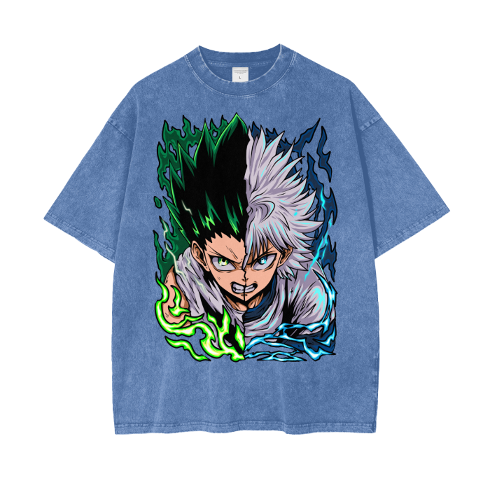 Gon and Killua Acid Wash Oversized Anime Tee (Front Print)