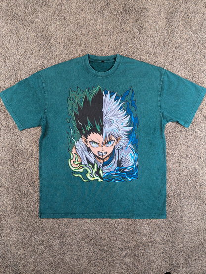 Gon and Killua Acid Wash Oversized Anime Tee (Front Print)