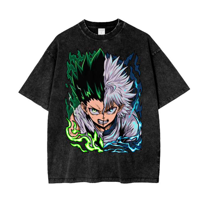 Gon and Killua Acid Wash Oversized Anime Tee (Front Print)